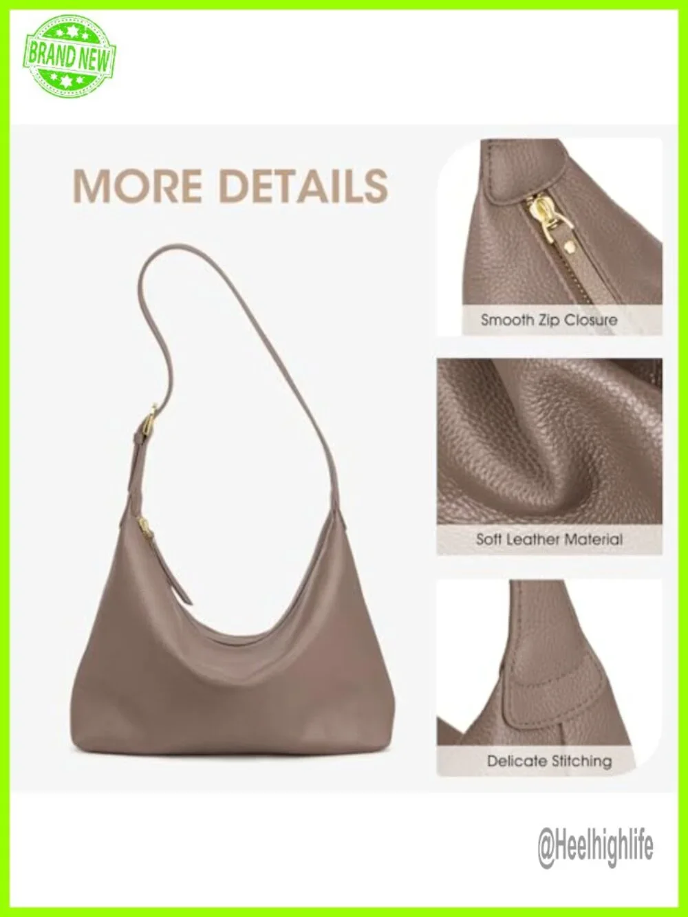 Medium Leather Hobo Bag with Removable Crossbody Strap, Soft Genuine Top Grain